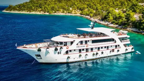 image of the new MS Equator yacht in the blue turquoise waters of a bay in croatia