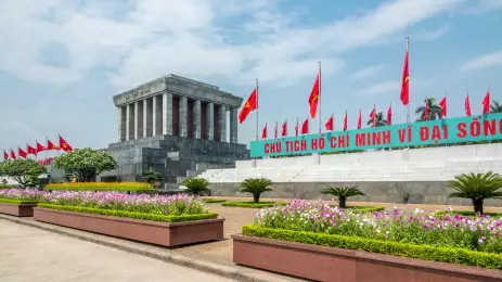 Row of Vietnamese flags at the Ho Cho Minh mausoleum in Hanoi, North Vietnam