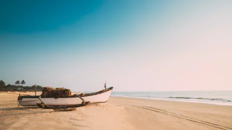 Old wooden fishing boat on beach with tropical palms in Goa, India