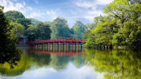The Huc bridge on Hoan Kiem lake in Hanoi, Vietnam
