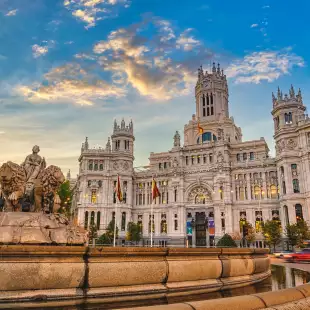 Sunrise city skyline at Cibeles Fountain Town Square in Madrid, Spain