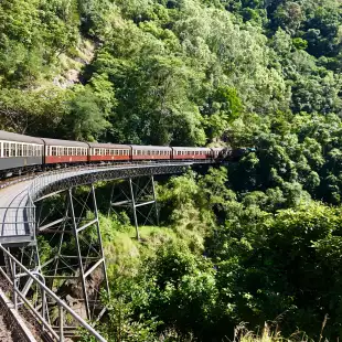 The Kuranda Railway train travelling along the largest bend in the track