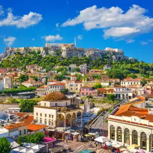 Skyline of Athens with Monastiraki square and Acropolis hill in Athens, Greece