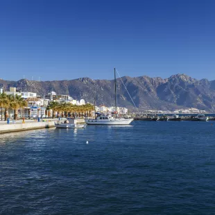 Harbour of Kardamena village and mountains of Kos island, Greece