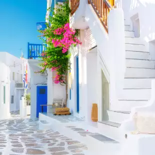 White-coloured buildings and bright flowers on the island of Mykonos, Greece
