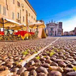 Mantova City with view of café in Italy