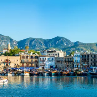 Panoramic shot of the buildings and coast of Kyrenia harbour in Cyprus