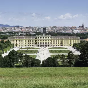 Elevated view of Schönbrunn Palace in Vienna, with the city's skyline in the background. 