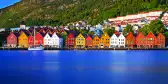 Rows of Hanseatic heritage buildings overlooking the Vågen harbour in Bergen, Norway