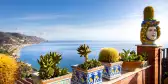 Potted cacti plants with the ocean in the background in Taormini, Italy 