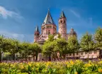 Ancient cathedral in Meinz, Germany surrounded by spring flowers