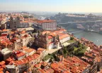 An aerial shot of the Porto Cathedrals next to the Douro River, Portugal