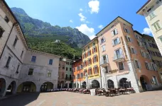 Exterior of Hotel Portici and the surrounding courtyard, Italy