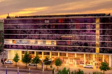 Exterior of Nordic Hotel Forum in the evening