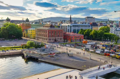 View of Oslo City Hall and harbour in Oslo, Norway