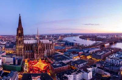 Aerial shot of the Cologne Christmas Markets during sunset in Germany