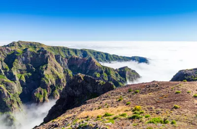 Landscape around Pico do Arieiro with mist amidst the mountains in Madeira Island, Portugal