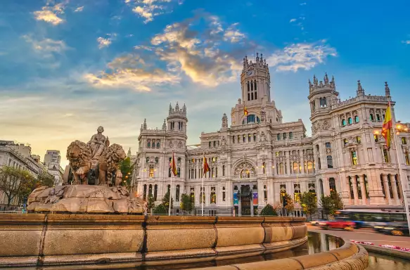 Sunrise city skyline at Cibeles Fountain Town Square in Madrid, Spain