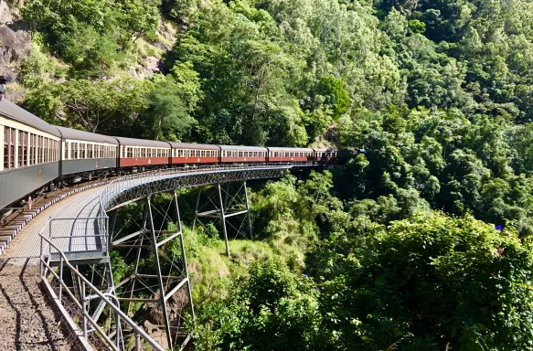 The Kuranda Railway train travelling along the largest bend in the track