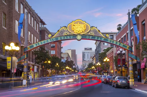A street at dusk in Downtown San Diego, California, USA