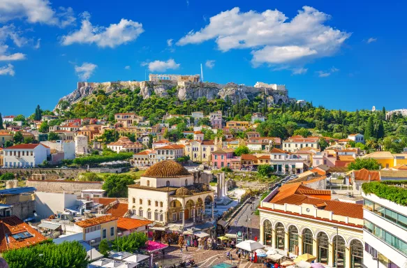 Skyline of Athens with Monastiraki square and Acropolis hill in Athens, Greece