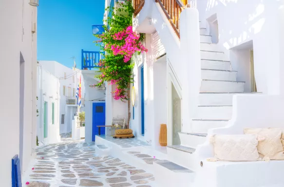 White-coloured buildings and bright flowers on the island of Mykonos, Greece