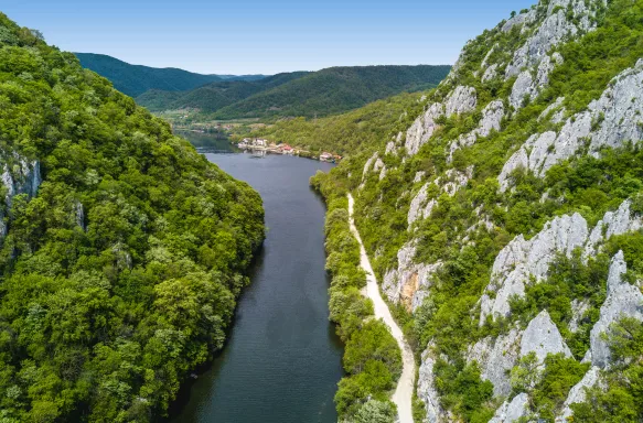 Danube Gorges with lush vegetation near Iron Gates in Romania