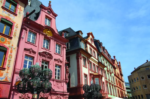  Old decorative houses at the main city square in Mainz, Germany