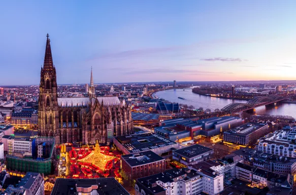 Aerial shot of the Cologne Christmas Markets during sunset in Germany