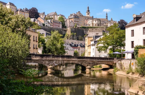 View of Luxembourg city and bridge over the Alzette river in Western Europe