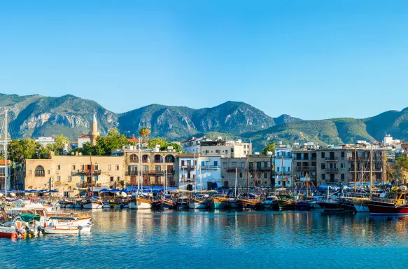 Panoramic shot of the buildings and coast of Kyrenia harbour in Cyprus