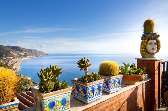 Potted cacti plants with the ocean in the background in Taormini, Italy 