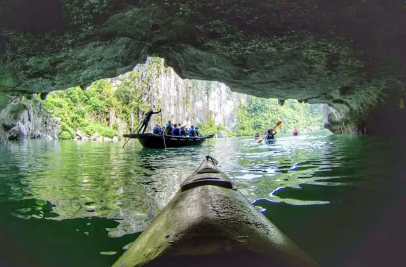 Inside view from natural cave at Ha Long Bay in Quang Ninh, Vietnam