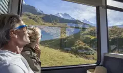 Mature couple in moving train enjoying the passing view of the Swiss alps and alpine area.