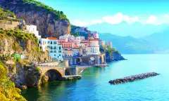 Morning view of Amalfi cityscape on coast line of the Mediterranean sea, Italy
