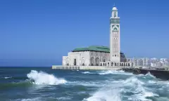 The Hassan II Mosque surrounded by the sea in Casablanca, Morocco