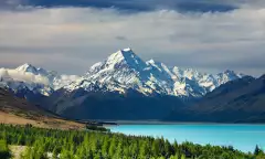 Bright blue water infront of the New Zealand National Park, Mt Cook