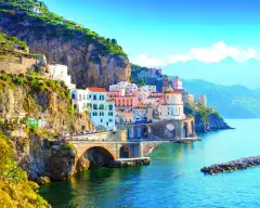 Morning view of Amalfi cityscape on coast line of the Mediterranean sea, Italy