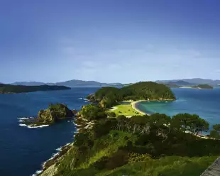 Aerial view of the Bay of Islands and the surrounding sea in New Zealand 