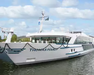 A front exterior shot of the Thomas Hardy ship