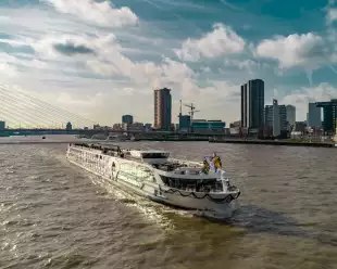 A panorama of MS Geoffrey Chaucer on a river