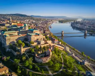 Skyline view of Budapest at sunrise with Szechenyi Chain Bridge over the Danube river in Hungary