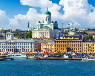 Aerial view of Market Square at the Old Town pier in Helsinki, Finland