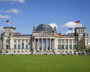 Exterior front shot of the Reichstag dome building in Germany