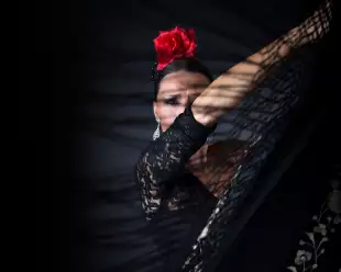 Young flamenco dancer in beautiful black dress on black background