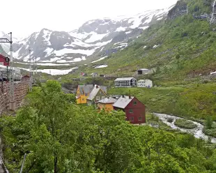 Passenger view of the snow clad field of Norway, from the Flåm Railway Line train.