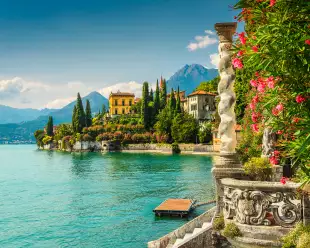 Botanical gardens of Villa Monastero with Oleander flowers at Lake Como, Italy