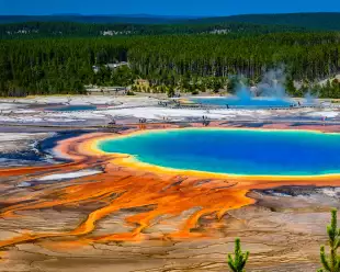 A section of the Grand Prismatic in Yellowstone National Park shows the spring with its unreal bright palette of colours.