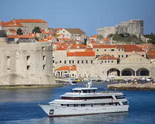 Aerial view of the MV Corona ship and Dubrovnik city in Croatia