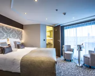 Interior of double bedroom aboard the Thomas Hardy ship